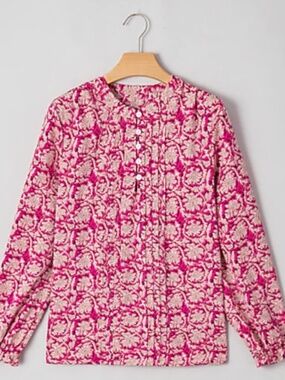 Threaded Pear Women's Pink Floral Print Split Neck Pleated Puff Sleeve Blouse Sm